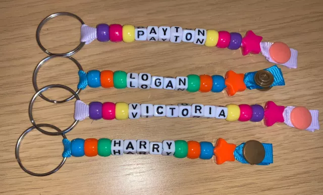 Personalised Bead Keyrings Any Name, School Bag, Party Bag, Lunch Bag