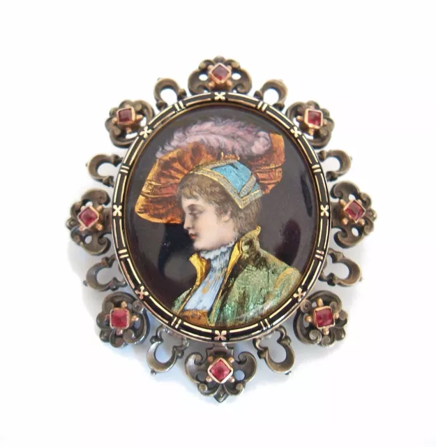 Renaissance Revival Limoges Enamel Brooch - Rubellite, Gold & Silver - C. 1892