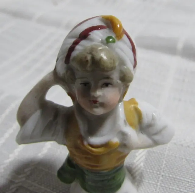 Antique Miniature Painted Porcelain Pin Cushion Half Doll Gypsy Turban Hat 1 5/8