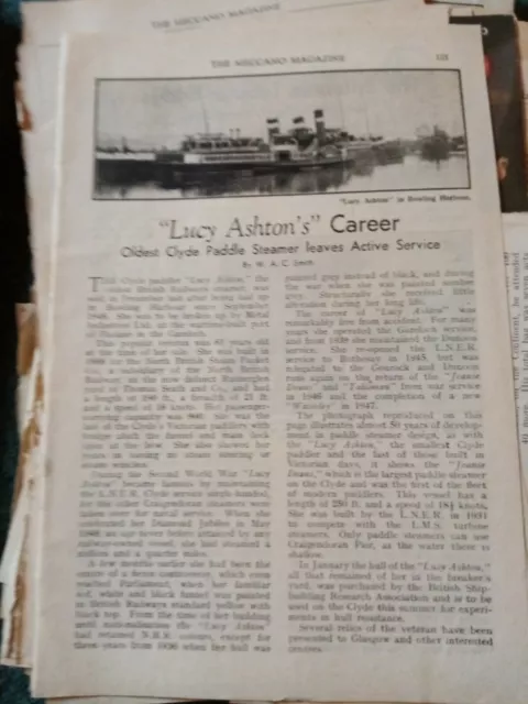 B9o Ephemera 1940s article Clyde paddle Steamer Lucy Ashton