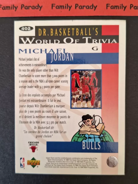 Michael Jordan 402 Chicago Bulls Carte Basket Ball NBA Upper Deck 94 95 Français 2