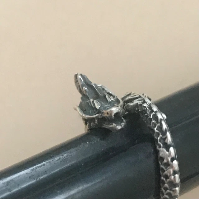 Wrapped Mystical Magic DRAGON Gothic Oxidized Mexican 925 Silver Taxco Ring Size 3