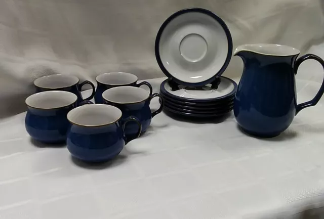 Denby Imperial Blue 6 Saucers , 5 Tea Cups And Milk Jug