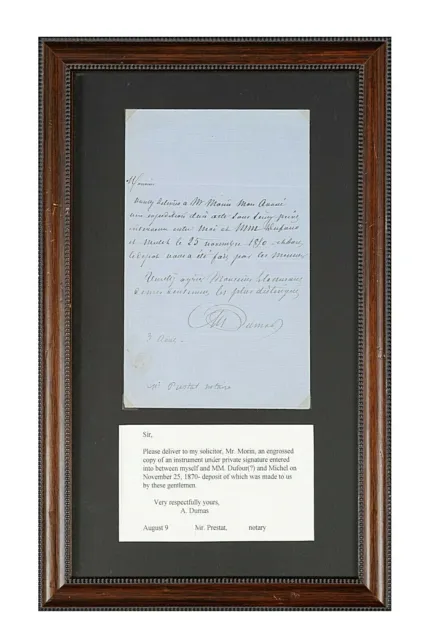 Alexandre Dumas Pere Framed Autograph Letter (& translation) - A Showpiece!