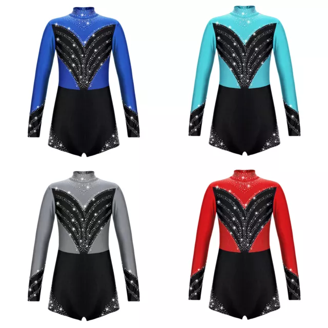 Kid Girls One Piece Shiny Diamond Long Sleeve Gymnastics Leotard Shorty Jumpsuit