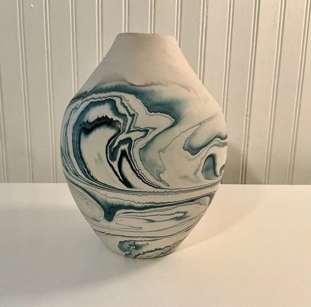 NEMADJI VASE POT Indian River Pottery Blue Swirl Matte Finish 8in