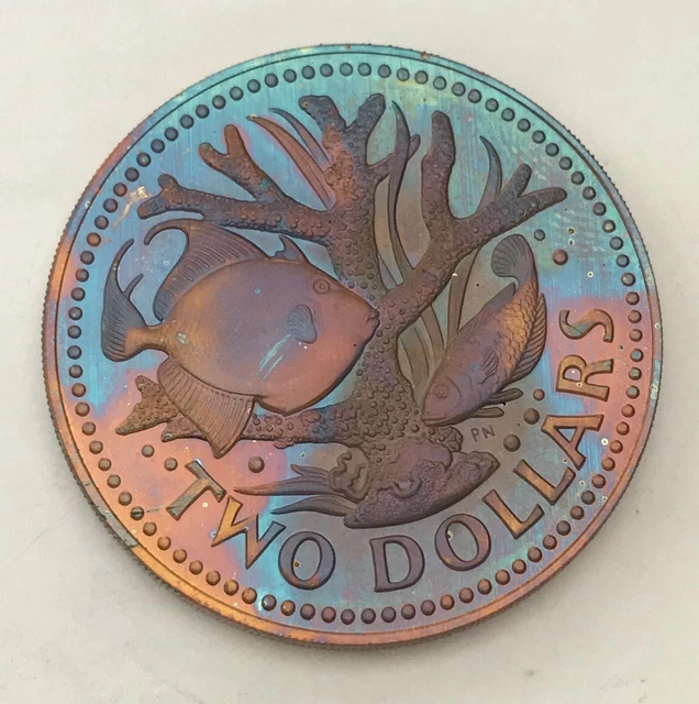 1973 Barbados Two Dollar Bu Unc Striking Blue Intense Color Toned Gem (Mr)