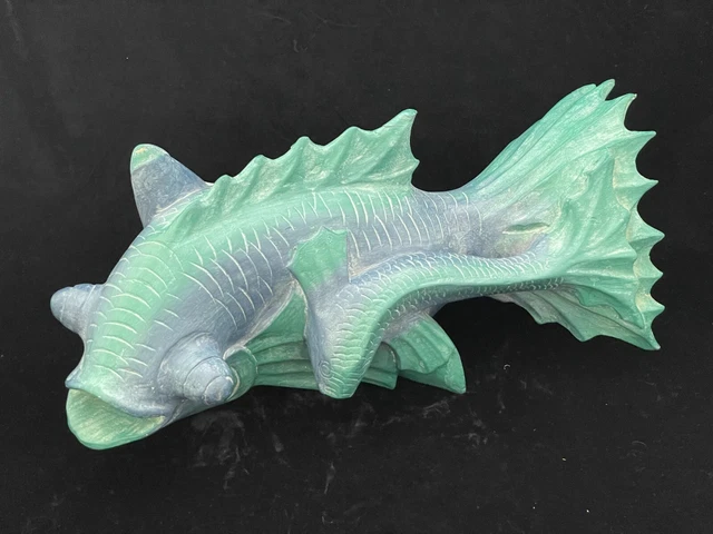 Vintage Wood Asian Carved Koi Fish Fantail Goldfish with 2 Babies, Blue & Green