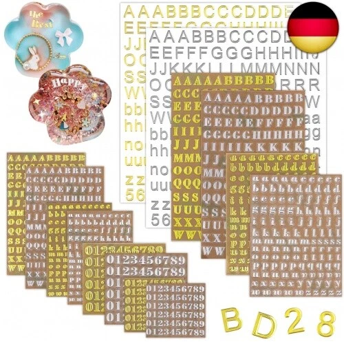 14 Blätter Buchstaben Harz Aufkleber, Kalolary Silber Gold Zahlen Aufkleber