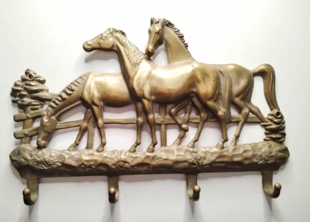 Vintage Brass Horses Wall Hanging Key Coat Hooks