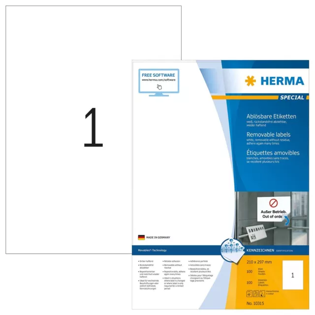 HERMA Self Adhesive Removable Multi-Purpose Labels, 1 Label Per A4 Sheet, 100 La
