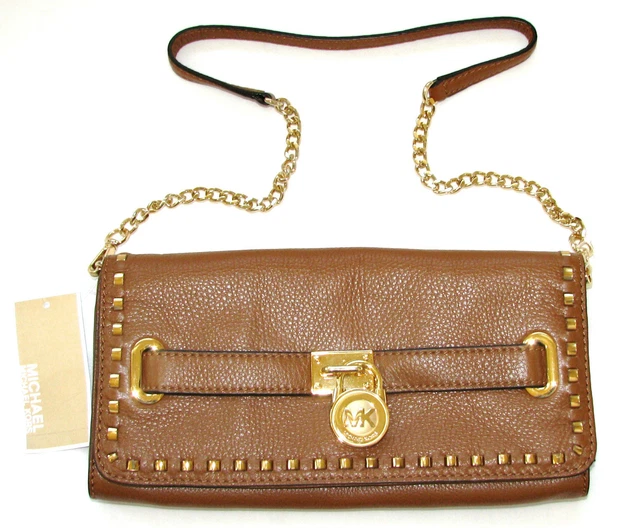 New-Michael Kors Hamilton Fouettée Valise, Cuir Brun + Or Pochette, Épaule Sac