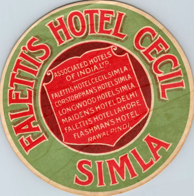 Simla India Faletti's Hotel Cecil Old Luggage Label
