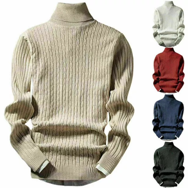Men High Roll Turtle Neck Comfy Cable Knitted Long Sleeve Jumper Sweater Top