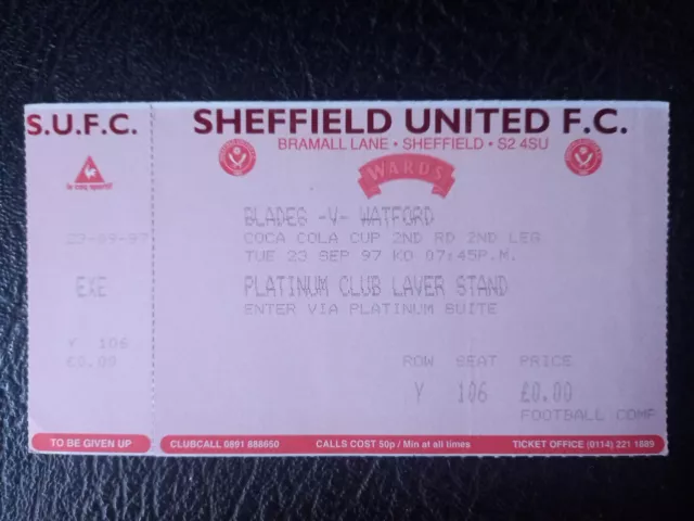 Ticket Stub Sheffield United V Watford League Cup 2nd Round 1997 / 1998