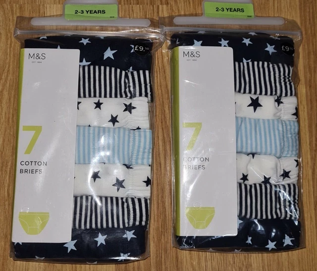 M&S girls 2 x 7 (14) knickers BLUE/WHITE cotton briefs STARS/STRIPES age 2-3 yrs
