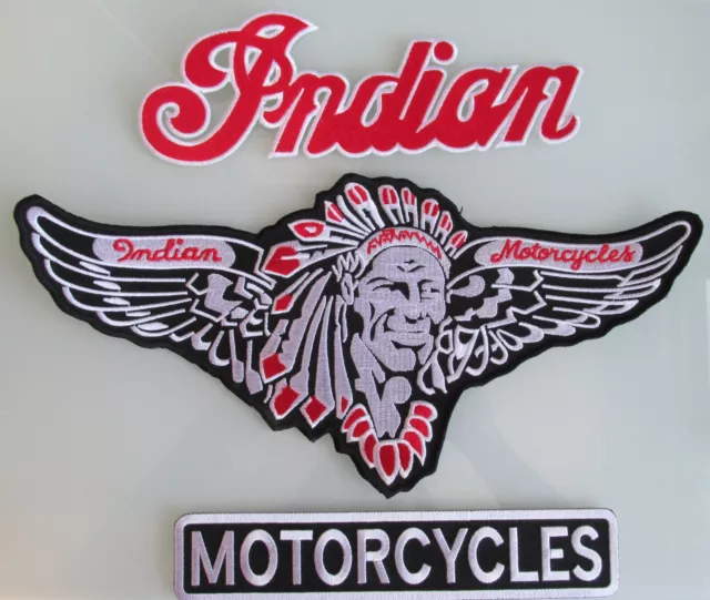 Red Embroidered Iron on Indian Motorcycle JACKET VEST BACK PATCH (3PC FULL SET)