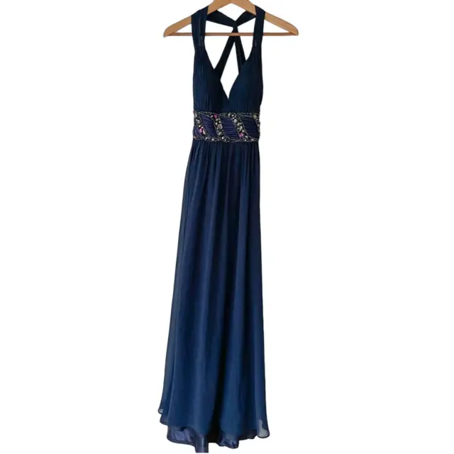 La Femme Dress Womens 4 Blue Chiffon Maxi Gown Rhinestone Sleeveless Cross Back