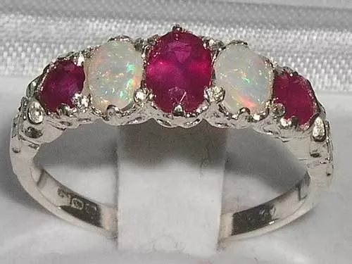 High Quality Solid Sterling Silver Natural Ruby & Opal English Victorian Ring