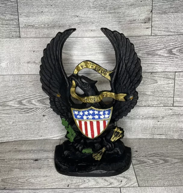 VTG "E Pluribus Unum" Patriotic Black Cast Iron Bookend Eagle Shield American 2