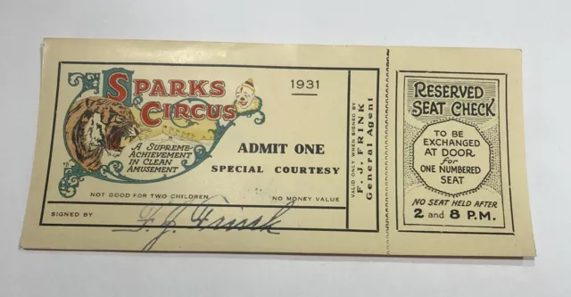 Vintage Sparks Circus 1931 Admission Ticket