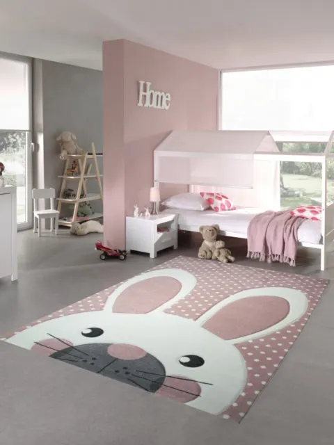 Kinderteppich Spielteppich Teppich Kinderzimmer Babyteppich Hase in Rosa Weiss .