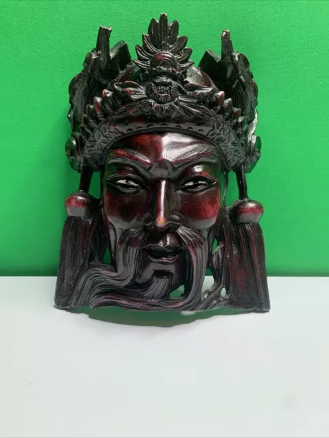 Vintage Old Carved Asian Wood Mask Man Devil Dogs 6.5”x8” EXCELLENT