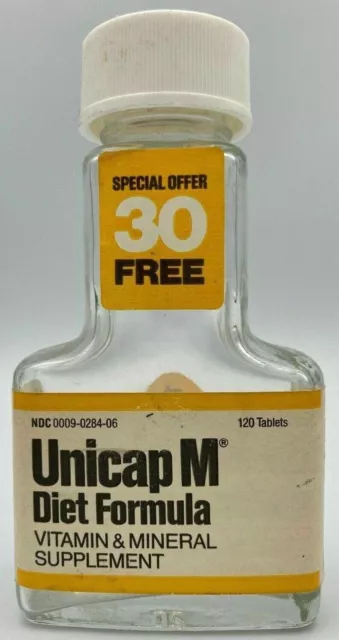 Vintage "Unicap M Diet Formula" Pill Bottle Upjohn - Glass 1980's Trial size