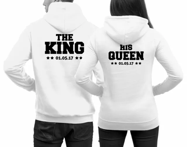 Pärchen Pullover The King His Queen Datum Paare Pulli Hoodie Weiß NEU XS - 3XL