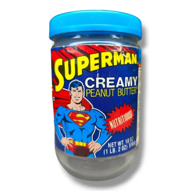Vintage 1985 SUPERMAN Creamy Peanut Butter Jar 18 oz Blue DC Comics C33