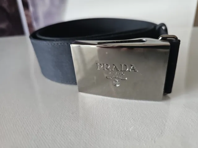 Prada Women's Black Nylon Logo Silver Tone Buckle Belt 33 inches TP01