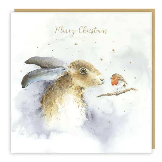 Luxury Christmas Cards Hare & Robin in Snow Sparkle Foil Finish Pack of 5