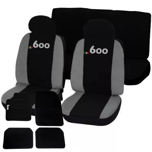 Coprisedili+Tappetini Auto Con Strappo Compatibili Con 600 Nero-Grigio Chiaro