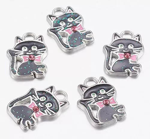 5 x Black Cat Kitten Charms Jewellery Making Pendants Tibetan Silver Pink