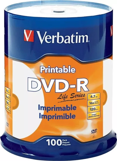 100 VERBATIM Life Series DVD-R 16X 4.7GB White Inkjet Printable Spindle #98491