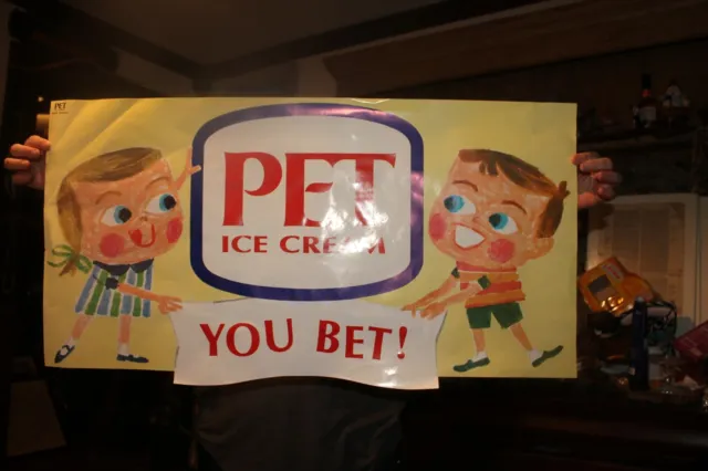 Vintage 1960's PET ICE CREAM Paper Sign 17" x 33" Grocery Store Poster You Bet!