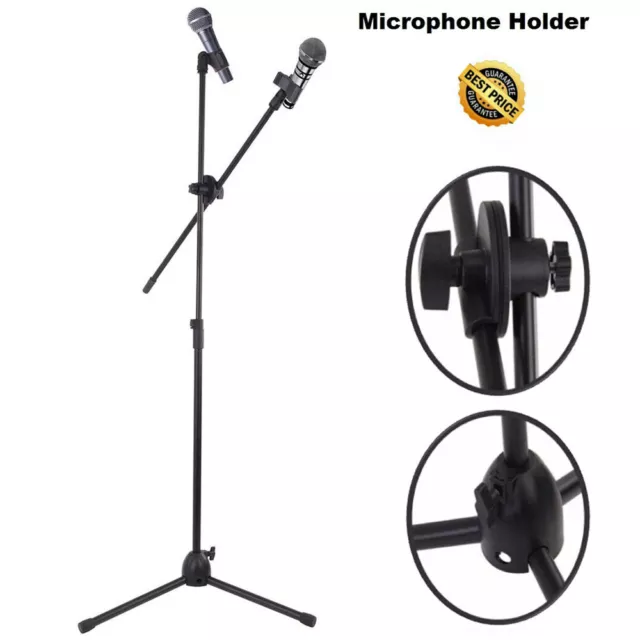 Microphone Stand Height Adjustable Boom Metal with 2 Mic Clip Holder Tripod Base