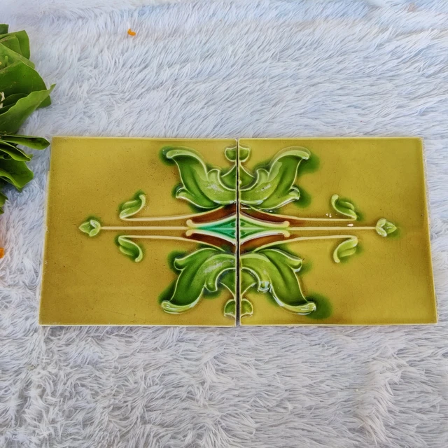 Vintage Embossed Leafy Design Majolica Art 2 Pcs Architecture Tile Japan CT94