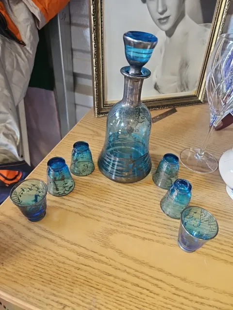 Antique Bohemian Blue Glass w/ Silver Overlay Decanter & 6 Cordial Glasses