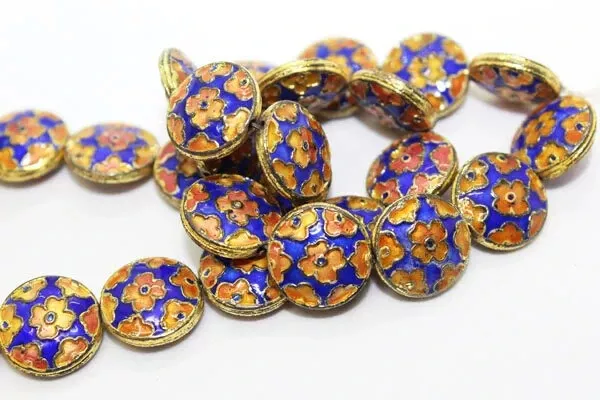 Blue&Orange Floral Cloisonne Puffed Coin Beads 13x5mm, 1mm hole, 14 pcs, CL-53