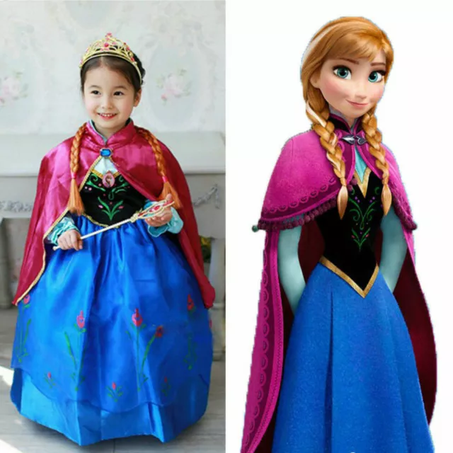 Kids Girls Princess Queen Anna Halloween Cosplay Costume Fancy Dress&Crown1