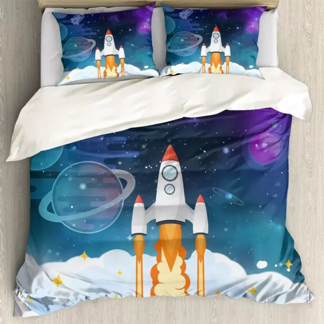 Space Rocket Blast Off Quilt Duvet Cover Set Bed Linen Soft King Super King