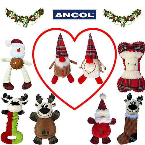 Ancol Christmas Dog Toys Xmas Stocking Filler Squeak Plush Santa Reindeer Gift