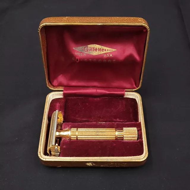 Vintage 1948-50 GIllette Gold Aristocrat DE TTO Saftey Razor w/ Case
