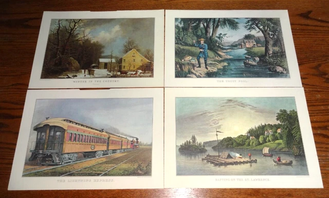 Currier & Ives 1966 Calendar Print 11"x16" Lot of 4 Lightning Express Trout Pool