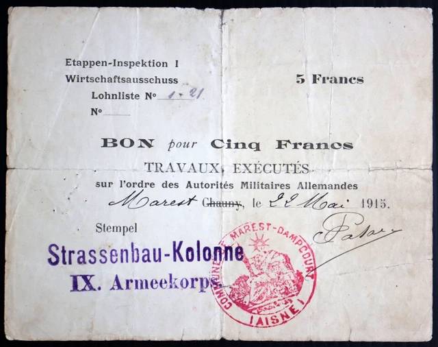 GERMANY 1915 5 Francs P-M9 Etappen-Inspektion Marest Stamp XX-RARE MPC Military