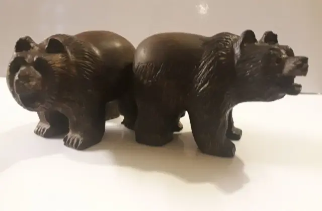 Vintage Pair Of Wooden Bear Figures Hand Carved Black Forest Figurines Rare