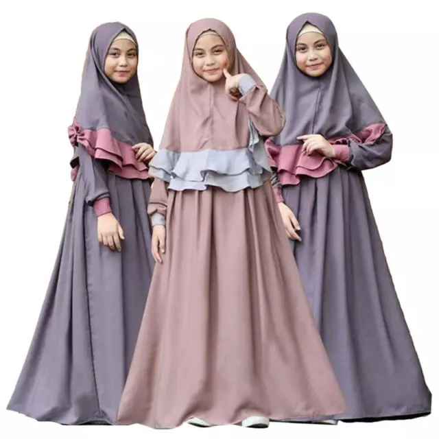 Muslim Girls Prayer Long Maxi Dress Hijab Set Kaftan Arab Kids Islamic Abaya @