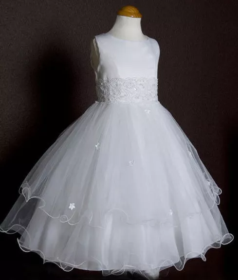 Flower Girls First Communion Triple Layered Tulle White Dress Pageant Wedding