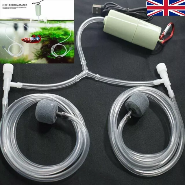 USB Mini Oxygen Air Pump Aquarium Mute Energy Saving for Fish Tank 2 Air Stone